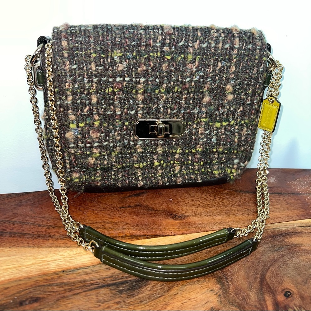 Coach Tweed Turnlock Chain  Crossbody Bag Brown Green Yellow with Gold Chain